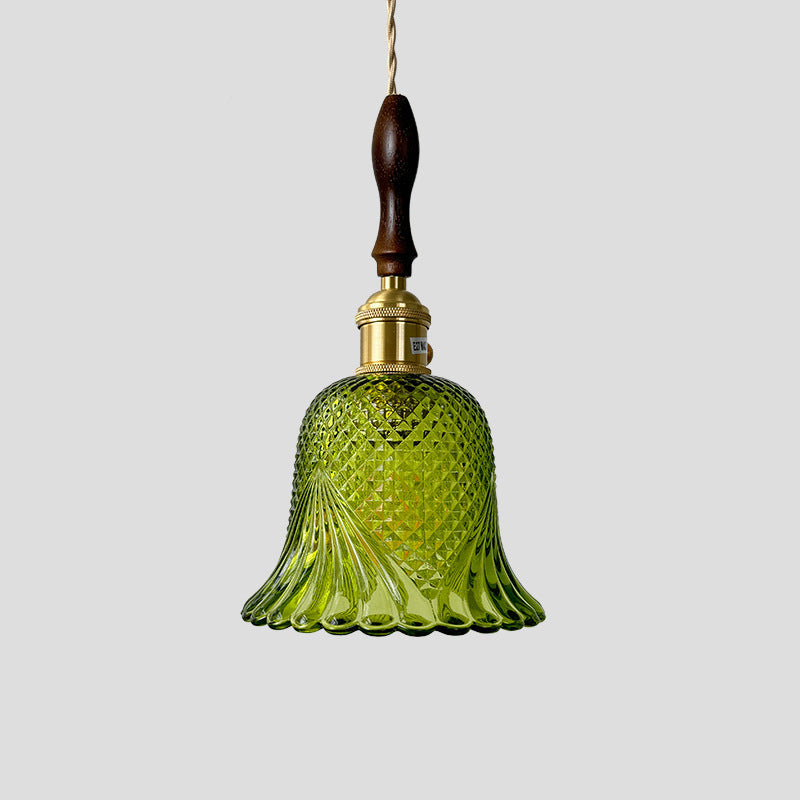Contemporary Retro Checkered Glass Flower Shade Brass Solid Wood 1-Light Pendant Light For Bedroom