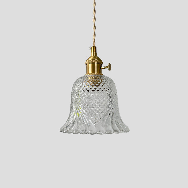 Contemporary Retro Checkered Glass Flower Shade Brass Solid Wood 1-Light Pendant Light For Bedroom