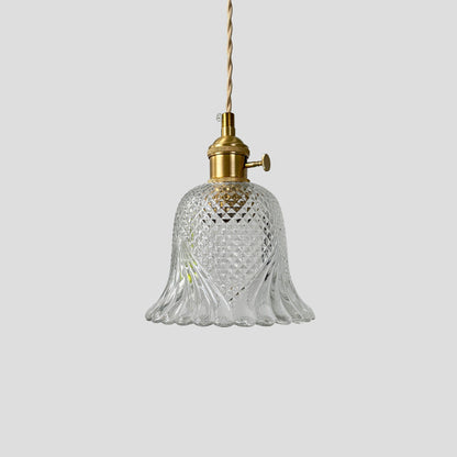 Contemporary Retro Checkered Glass Flower Shade Brass Solid Wood 1-Light Pendant Light For Bedroom