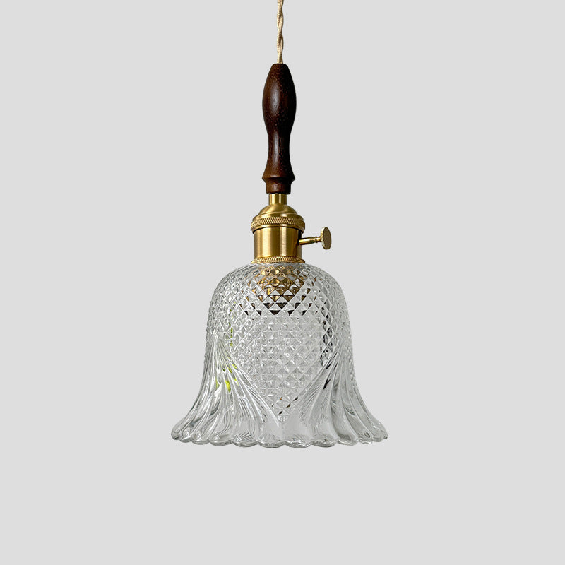 Contemporary Retro Checkered Glass Flower Shade Brass Solid Wood 1-Light Pendant Light For Bedroom