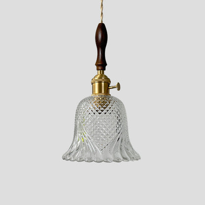Contemporary Retro Checkered Glass Flower Shade Brass Solid Wood 1-Light Pendant Light For Bedroom