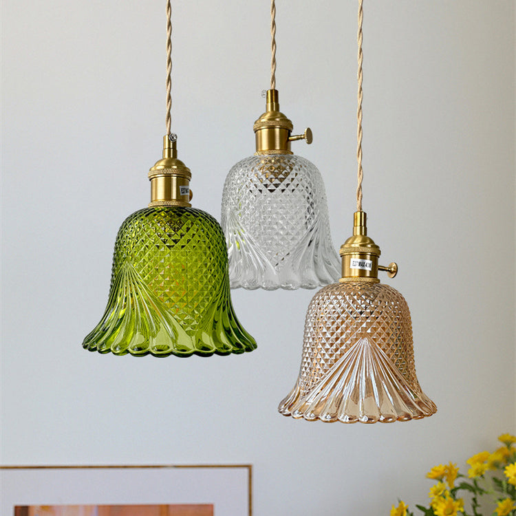 Contemporary Retro Checkered Glass Flower Shade Brass Solid Wood 1-Light Pendant Light For Bedroom