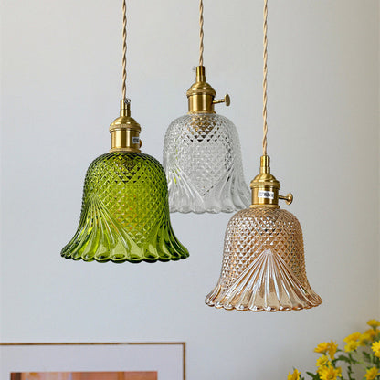 Contemporary Retro Checkered Glass Flower Shade Brass Solid Wood 1-Light Pendant Light For Bedroom