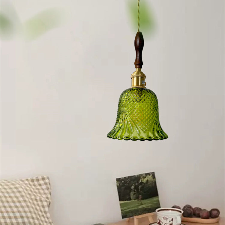 Contemporary Retro Checkered Glass Flower Shade Brass Solid Wood 1-Light Pendant Light For Bedroom