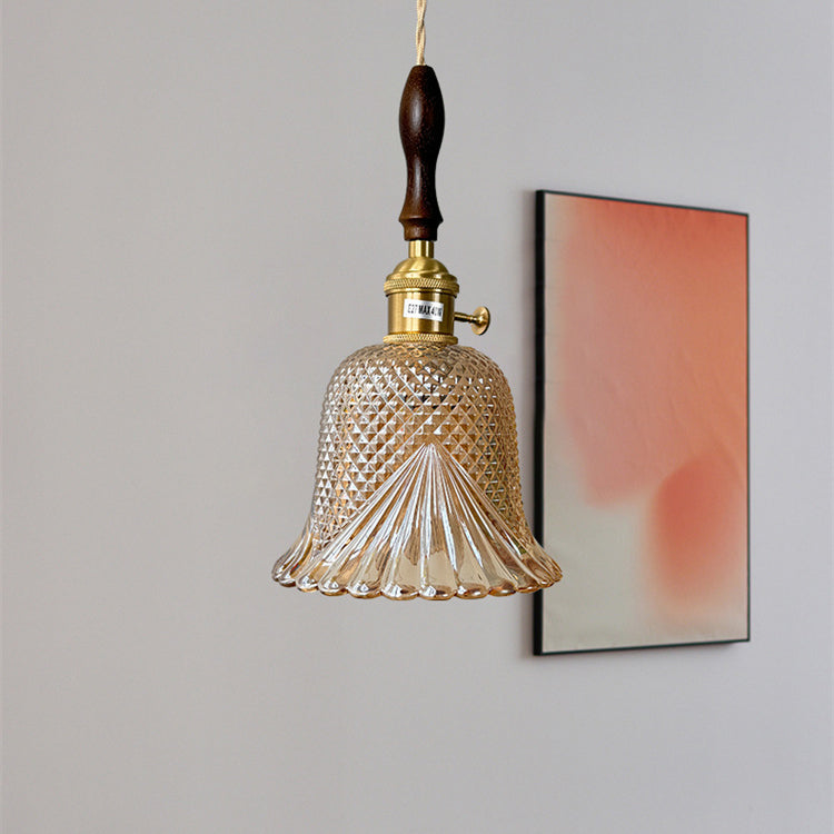 Contemporary Retro Checkered Glass Flower Shade Brass Solid Wood 1-Light Pendant Light For Bedroom