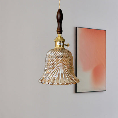 Contemporary Retro Checkered Glass Flower Shade Brass Solid Wood 1-Light Pendant Light For Bedroom