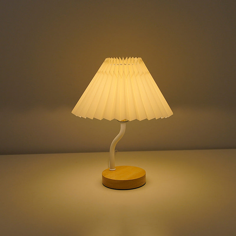 Modern Art Deco Pleated Floral Print Conical Fabric Shade Solid Wood Built-In Shelf Base LED Table Lamp Night Light For Bedroom