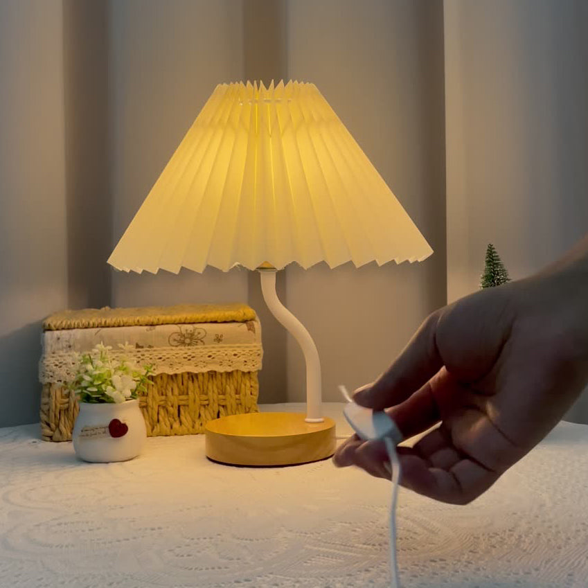 Modern Art Deco Pleated Floral Print Conical Fabric Shade Solid Wood Built-In Shelf Base LED Table Lamp Night Light For Bedroom