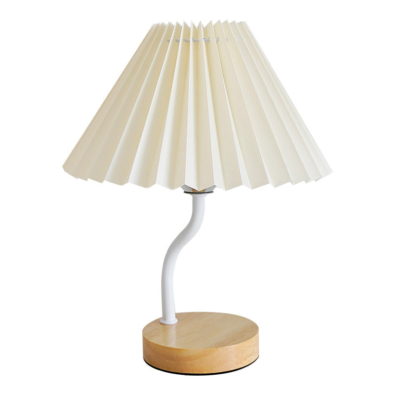 Modern Art Deco Pleated Floral Print Conical Fabric Shade Solid Wood Built-In Shelf Base LED Table Lamp Night Light For Bedroom