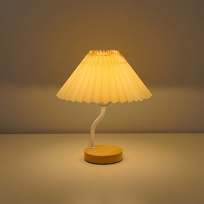 Modern Art Deco Pleated Floral Print Conical Fabric Shade Solid Wood Built-In Shelf Base LED Table Lamp Night Light For Bedroom