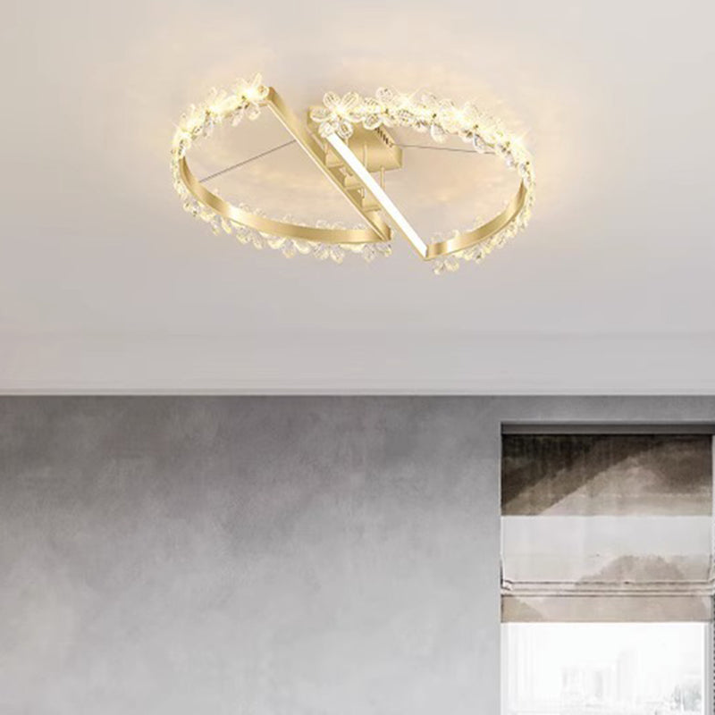 Contemporary Luxury Crystal Flower Decor Round Hardware LED Flush Mount Ceiling Light For Living Room