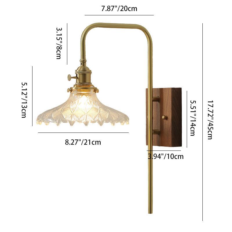 Traditional Vintage Walnut Wood Brass Flower Glass Shade 1-Light Wall Sconce Lamp For Living Room