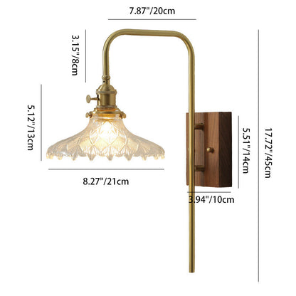 Traditional Vintage Walnut Wood Brass Flower Glass Shade 1-Light Wall Sconce Lamp For Living Room