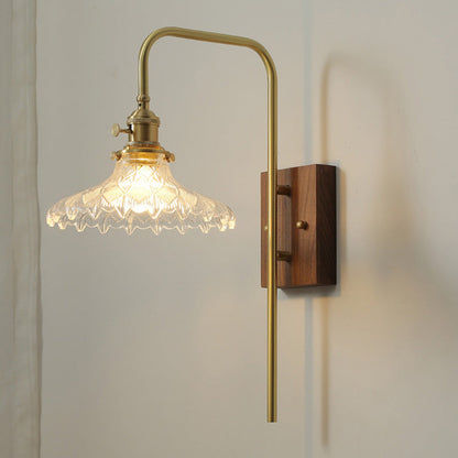 Traditional Vintage Walnut Wood Brass Flower Glass Shade 1-Light Wall Sconce Lamp For Living Room