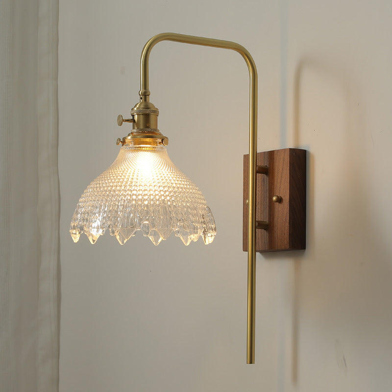 Traditional Vintage Walnut Wood Brass Flower Glass Shade 1-Light Wall Sconce Lamp For Living Room