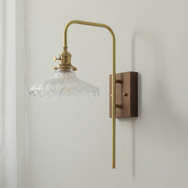 Traditional Vintage Walnut Wood Brass Flower Glass Shade 1-Light Wall Sconce Lamp For Living Room