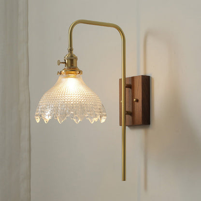 Traditional Vintage Walnut Wood Brass Flower Glass Shade 1-Light Wall Sconce Lamp For Living Room