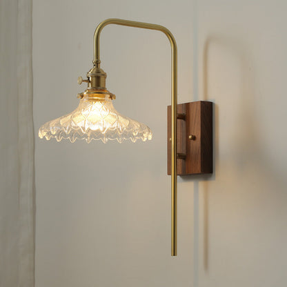 Traditional Vintage Walnut Wood Brass Flower Glass Shade 1-Light Wall Sconce Lamp For Living Room