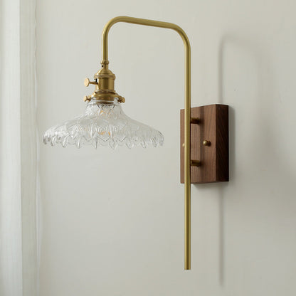 Traditional Vintage Walnut Wood Brass Flower Glass Shade 1-Light Wall Sconce Lamp For Living Room