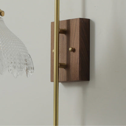 Traditional Vintage Walnut Wood Brass Flower Glass Shade 1-Light Wall Sconce Lamp For Living Room