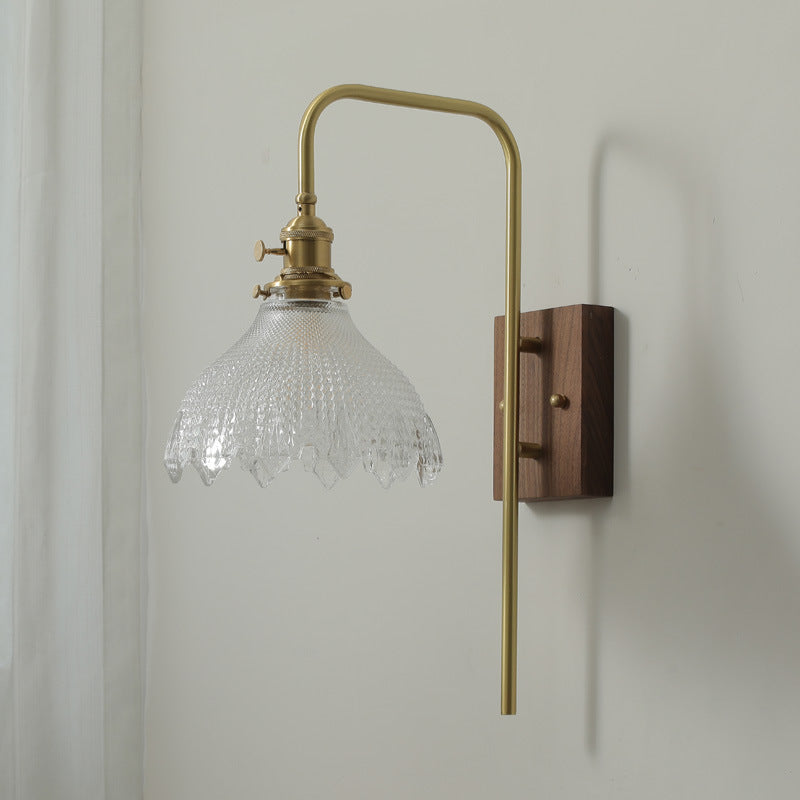 Traditional Vintage Walnut Wood Brass Flower Glass Shade 1-Light Wall Sconce Lamp For Living Room