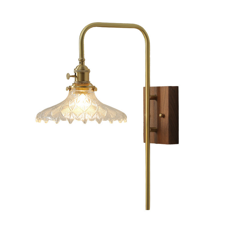 Traditional Vintage Walnut Wood Brass Flower Glass Shade 1-Light Wall Sconce Lamp For Living Room