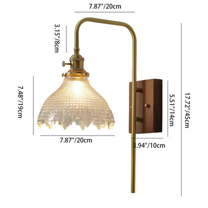 Traditional Vintage Walnut Wood Brass Flower Glass Shade 1-Light Wall Sconce Lamp For Living Room