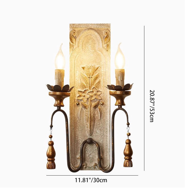 Traditional Rustic Distressed Solid Wood Iron Candelabra 2-Light Wall Sconce Lamp For Living Room