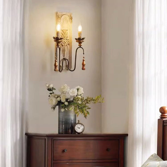 Traditional Rustic Distressed Solid Wood Iron Candelabra 2-Light Wall Sconce Lamp For Living Room