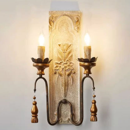 Traditional Rustic Distressed Solid Wood Iron Candelabra 2-Light Wall Sconce Lamp For Living Room