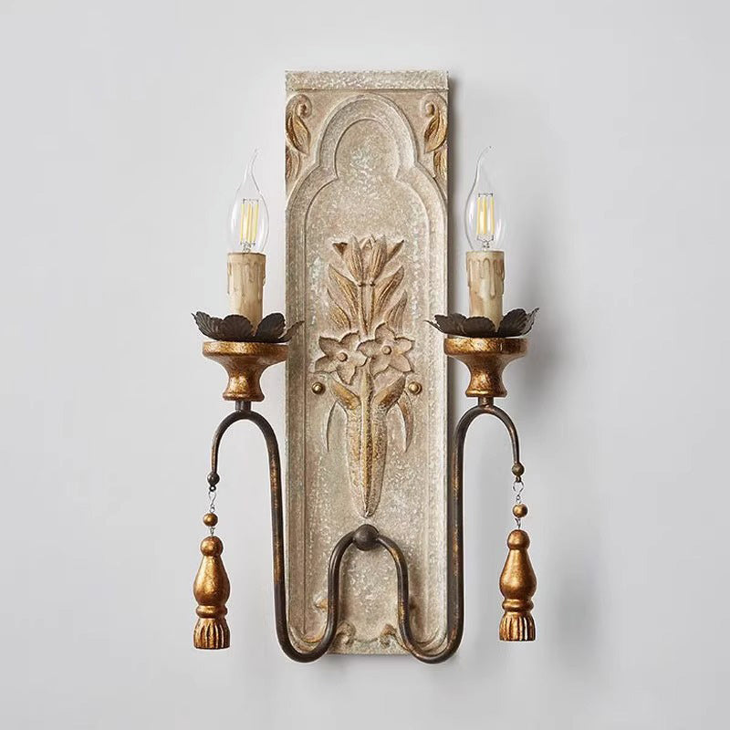 Traditional Rustic Distressed Solid Wood Iron Candelabra 2-Light Wall Sconce Lamp For Living Room