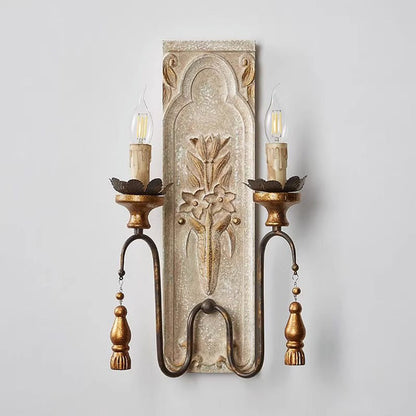 Traditional Rustic Distressed Solid Wood Iron Candelabra 2-Light Wall Sconce Lamp For Living Room