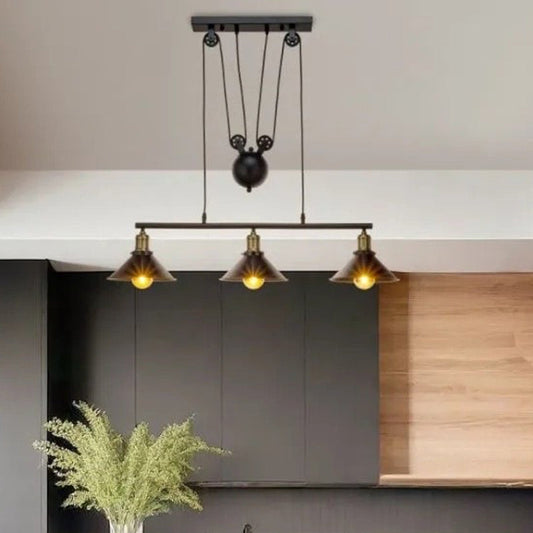 Contemporary Industrial Iron Conical Shade Lifting Pulley 1/3-Light Island Light Chandelier For Living Room
