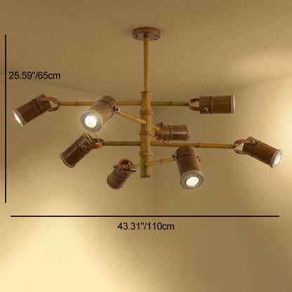 Traditional Rustic Creative Bamboo Tube Shade Iron LED Spotlight Chandelier For Living Room