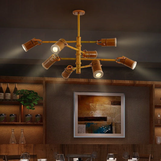 Traditional Rustic Creative Bamboo Tube Shade Iron LED Spotlight Chandelier For Living Room