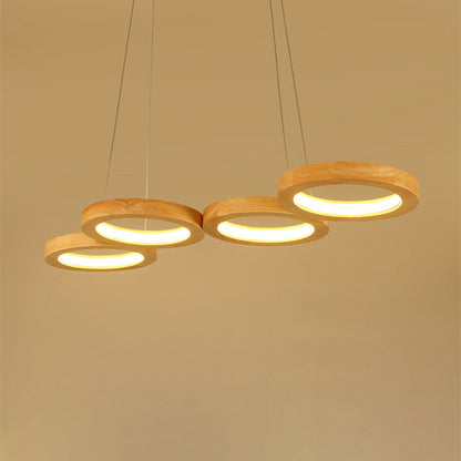 Traditional Japanese Solid Wood Geometry Circle Ring LED Chandelier Island Light For Living Room