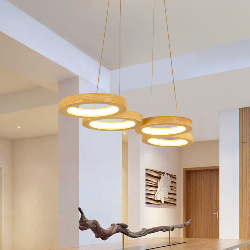 Traditional Japanese Solid Wood Geometry Circle Ring LED Chandelier Island Light For Living Room