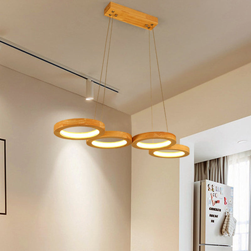 Traditional Japanese Solid Wood Geometry Circle Ring LED Chandelier Island Light For Living Room