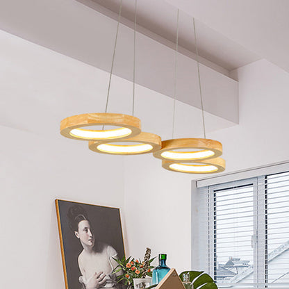 Traditional Japanese Solid Wood Geometry Circle Ring LED Chandelier Island Light For Living Room