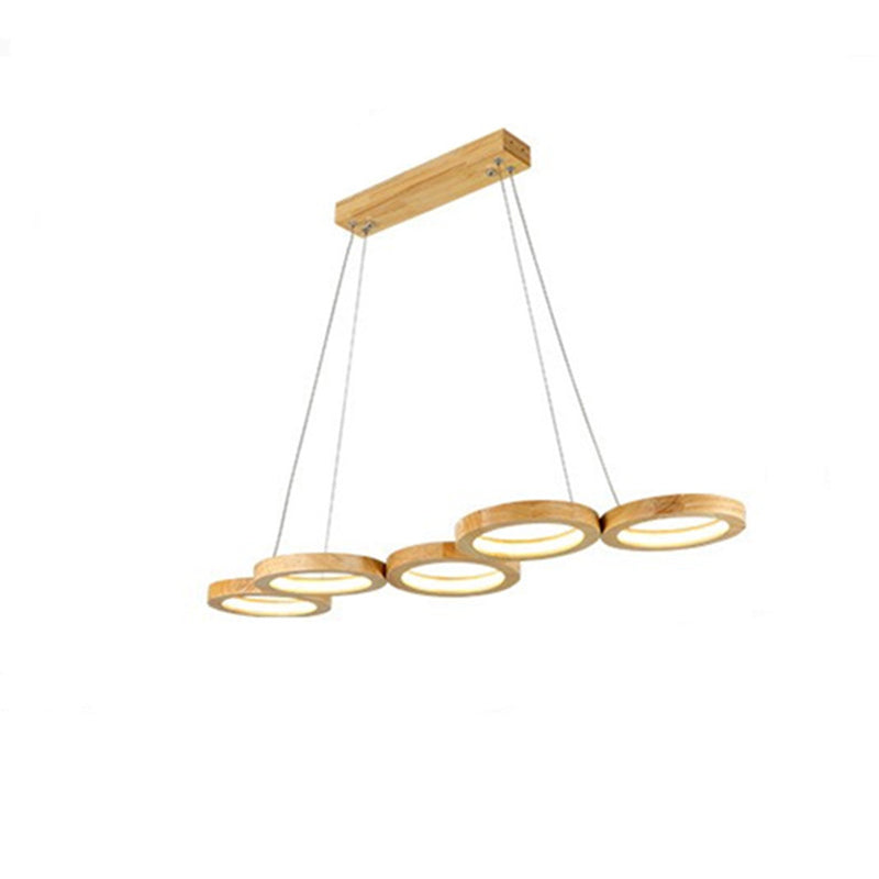 Traditional Japanese Solid Wood Geometry Circle Ring LED Chandelier Island Light For Living Room