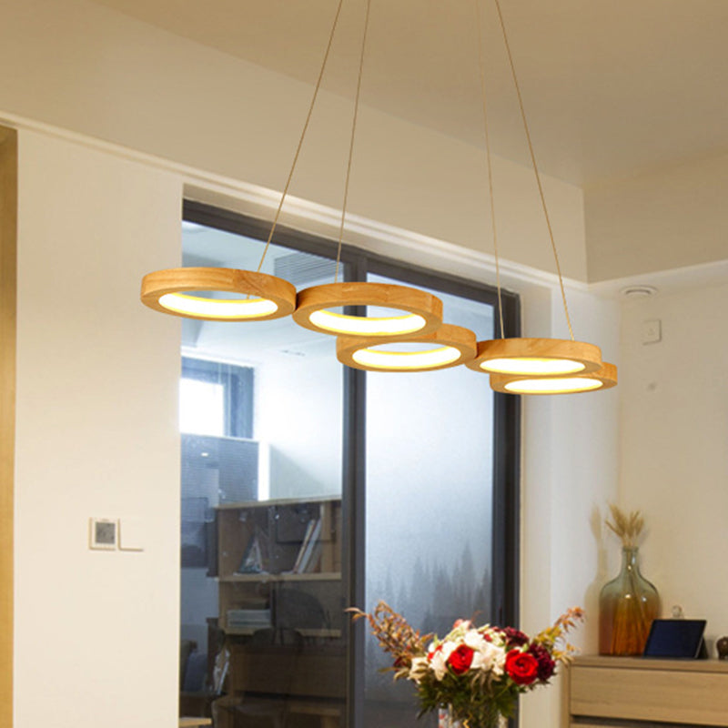 Traditional Japanese Solid Wood Geometry Circle Ring LED Chandelier Island Light For Living Room