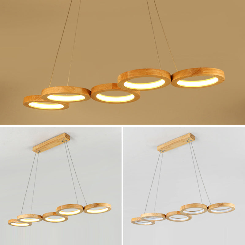 Traditional Japanese Solid Wood Geometry Circle Ring LED Chandelier Island Light For Living Room