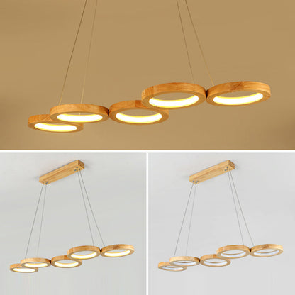 Traditional Japanese Solid Wood Geometry Circle Ring LED Chandelier Island Light For Living Room
