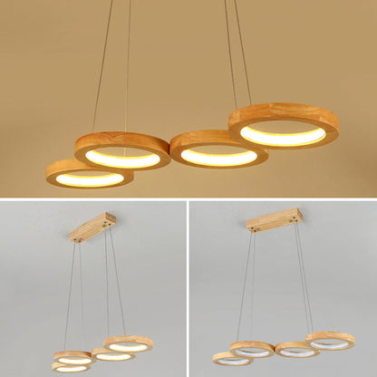 Traditional Japanese Solid Wood Geometry Circle Ring LED Chandelier Island Light For Living Room