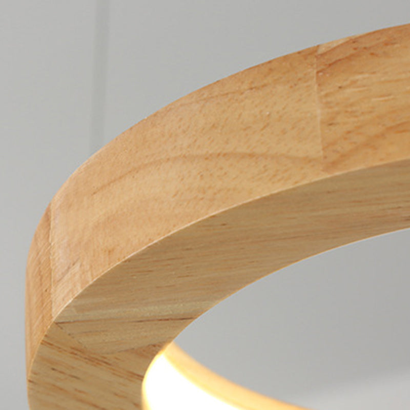 Traditional Japanese Solid Wood Geometry Circle Ring LED Chandelier Island Light For Living Room