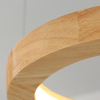Traditional Japanese Solid Wood Geometry Circle Ring LED Chandelier Island Light For Living Room