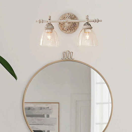 Traditional Rustic Distressed Carved Iron Glass Cup Shade 2-Light Mirror Front Wall Sconce Lamp For Bathroom