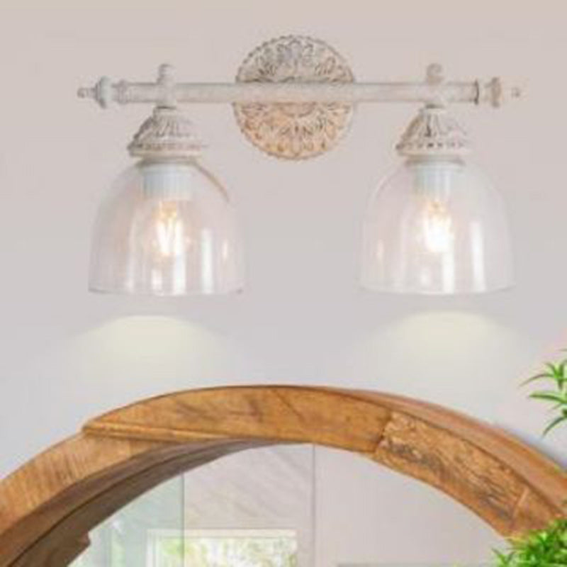 Traditional Rustic Distressed Carved Iron Glass Cup Shade 2-Light Mirror Front Wall Sconce Lamp For Bathroom