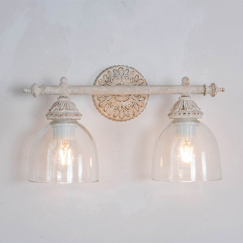 Traditional Rustic Distressed Carved Iron Glass Cup Shade 2-Light Mirror Front Wall Sconce Lamp For Bathroom