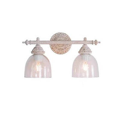 Traditional Rustic Distressed Carved Iron Glass Cup Shade 2-Light Mirror Front Wall Sconce Lamp For Bathroom